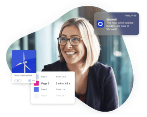 Marketing person, sales content thumbnail, sales content analytics data and notification